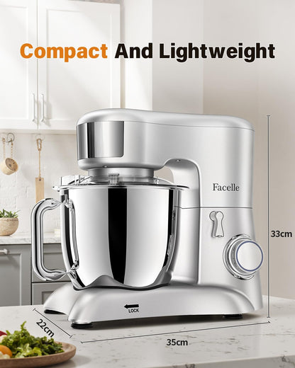 Facelle Keukenmachine, roerapparaten & mixer, 6,5 l roestvrijstalen mengkommen kneedmachine, 10 snelheden + pulsfunctie deegmachine, deegkneedmachine incl. 3-delige patisserieset