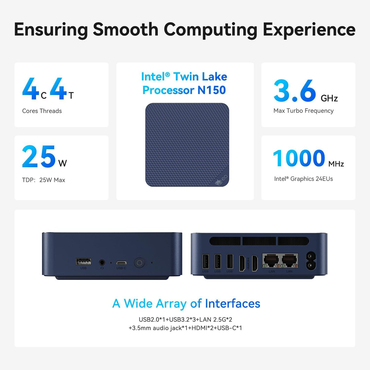 Mini PC – Mini Computer – Desktop PC – Compacte PC – Kleine PC – Intel N150 13e Generatie – 16 GB RAM & 500 GB SSD – 4K Dual HDMI & Dual 2.5G LAN