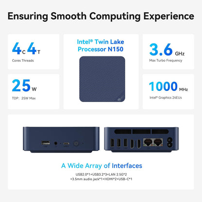 Mini PC – Mini Computer – Desktop PC – Compacte PC – Kleine PC – Intel N150 13e Generatie – 16 GB RAM & 500 GB SSD – 4K Dual HDMI & Dual 2.5G LAN