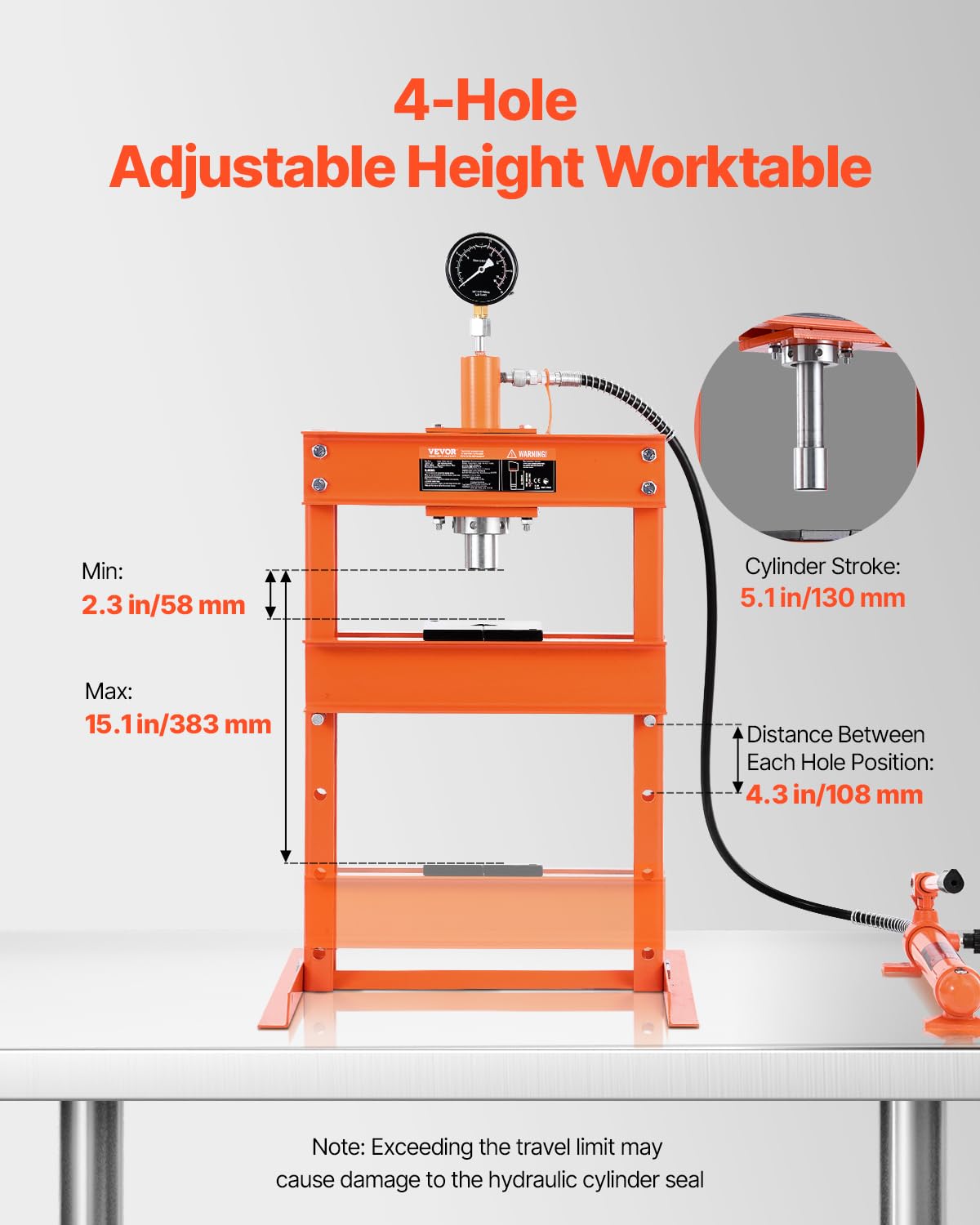 VEVOR Hydraulic shop press, 10T H frame, shop press with press plate and H-shaped base, stable garage floor, adjustable hydraulic press with release valve, suitable for bending, straightening and