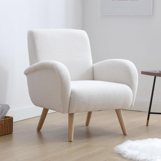 Armchair Upholstered Chair Modern Fur Chair with Wooden Legs Upholstered Chairs for Bedroom/Living Room White