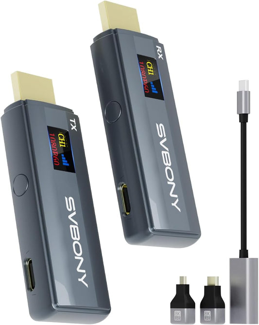 Svbony TransAir1 HDMI Zender en Ontvanger, HD Draadloze HDMI Verlenger met OLED Kleurendisplay, 9 Kanalen, 2.4G&5G, Storingsvrij, 50-80M Bereik in open Ruimte voor Camera, Pc, Tv Box, Laptop