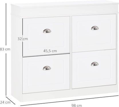 HOMCOM Shoe Cabinet with 4 Drawers Storage Modern Simple Design Cabinet Chipboard MDF White 98 x 24 x 83 cm - QUORE