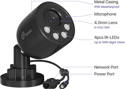 Loocam 2-pack 4K 8MP Add-on PoE CCTV-camera met Mens/Voertuigdetectie, IR Nachtzicht, Alarm Push, Werkt ALLEEN met PoE NVR-systeem