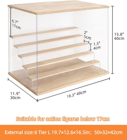 Doorzichtige Acrylen Vitrine met Licht Verlichting, 3/4/5/6 Laags Stofdichte Bescherming LED Displaykast voor Miniaturen, Modelauto’s, Actiefiguren (Hout, 6 Laags-50x32x42cm)