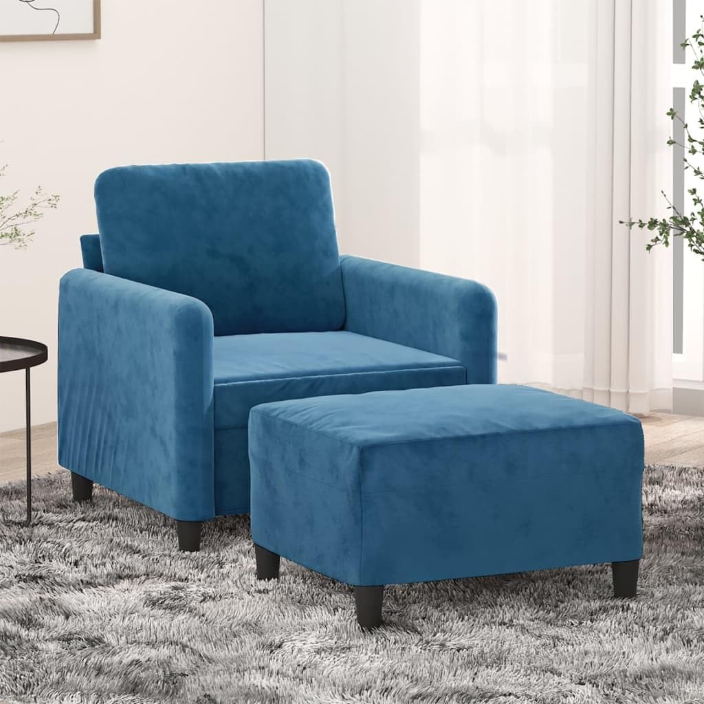 Armchair with ottoman, blue, 60 cm, velvet upholstery, comfortable reclining chair and footstool with robust frame for living room, modern design, durable velour