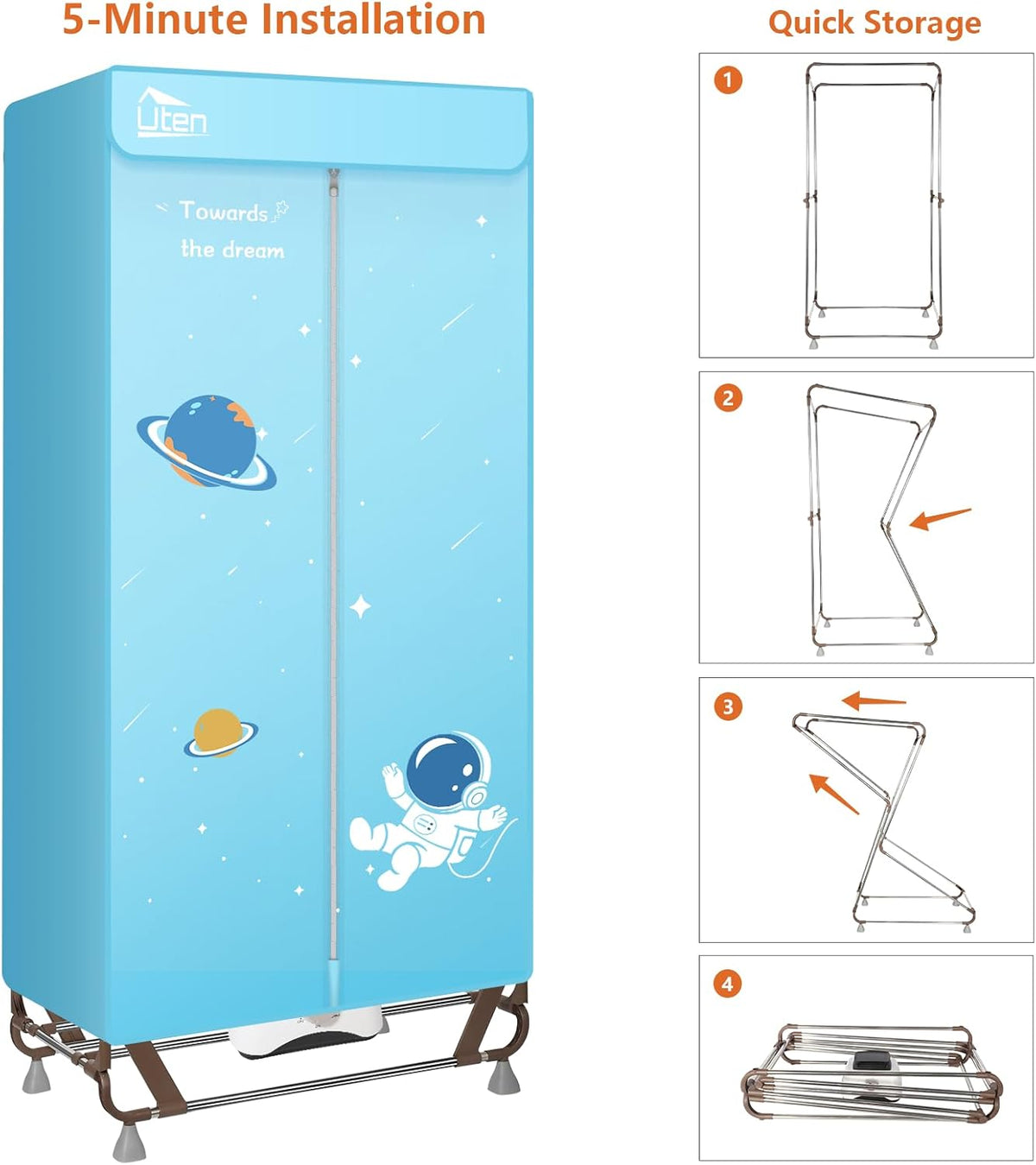 Elektrische Draagbare Wasdroger – Kledingkast – Droogmachine – Wasrek – Geen Installatie Nodig – Grote Capaciteit 170 cm – 1500 W – Blauw