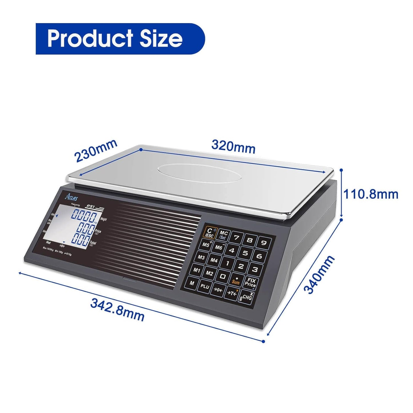 ACLAS Prijsschaal 30kg 10g Industriële Weegschaal - Digitale Verkoopprijs Berekening Schaal w/LCD Dual Screen Displays voor Voedsel, Vlees, Deli, Fruitmarkt