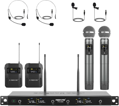 Phenyx Pro Draadloos microfoonsysteem, 4-kanaals draadloze microfoonset met handheld/bodypack/headset/reversmicrofoons, draadloze microfoon voor zingen, karaoke, kerk (PTU-5200B)