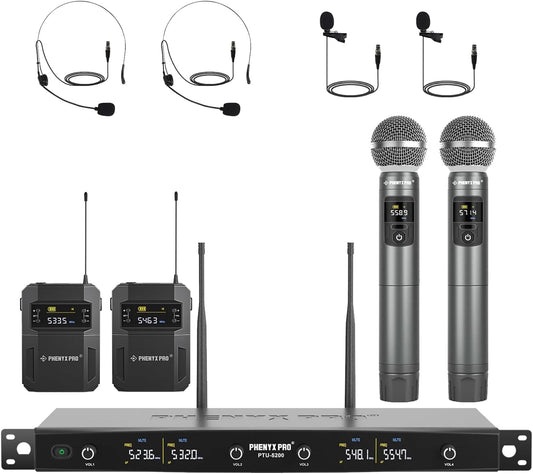 Phenyx Pro Draadloos microfoonsysteem, 4-kanaals draadloze microfoonset met handheld/bodypack/headset/reversmicrofoons, draadloze microfoon voor zingen, karaoke, kerk (PTU-5200B)