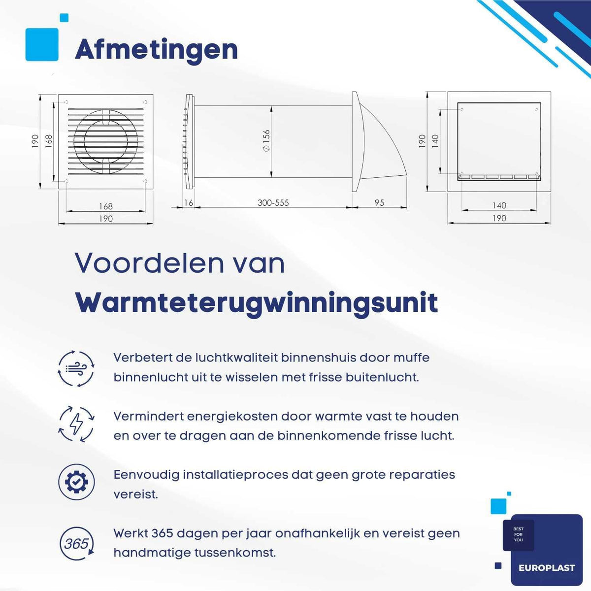 Decentrale Ventilatie Unit Met Warmteterugwinning – WTW Unit – Muurventilator – Ventilatiesysteem – Ventilatie Met Warmteterugwinning – Ø 156 Mm Wanddoorvoer – Geschikt Voor Wanddikte 300-500 Mm