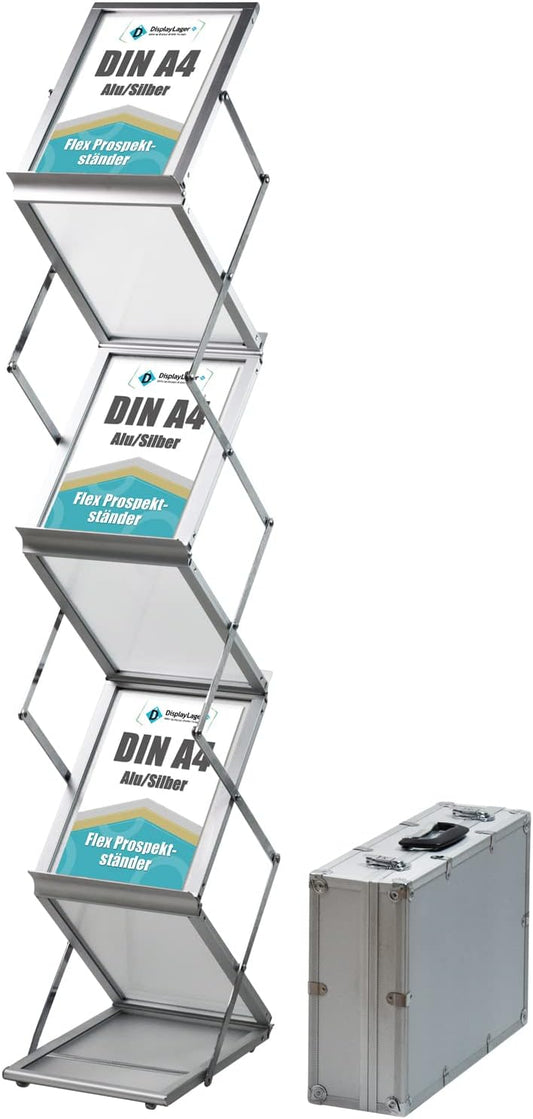 DisplayLager - Brochurestandaard, opvouwbaar incl. draagtas van aluminium. Bodembrochurestandaard staand formaat vouwbrochurestandaard (zilver, A4)
