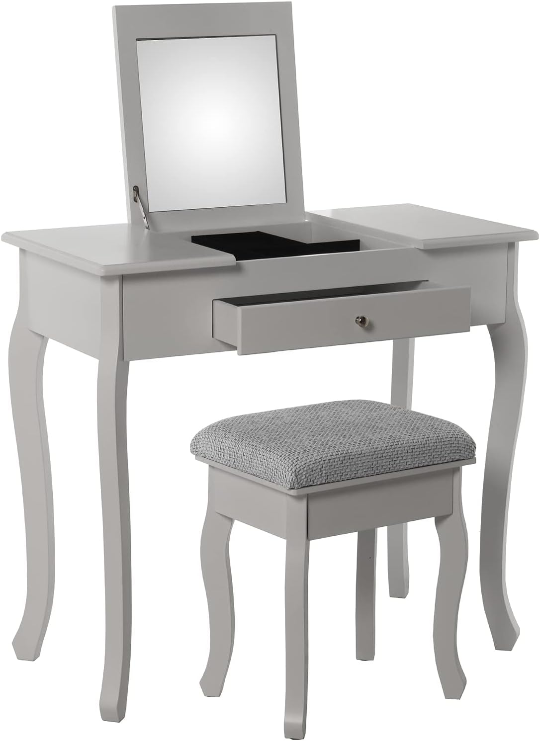 MESA TOCADOR MADERA BLANCO C/ESPEJO+TAPIZADO TAPIZADO GRIJS 80X40X74CM BANK: 36,5X29X46CM