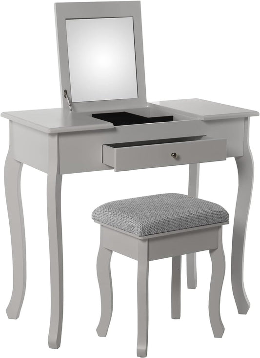 DRW Kaptafel met een lade van hout met witte spiegel bekleed met bank, 80 x 40 x 74 cm, bank 36,5 x 29 x 46 cm