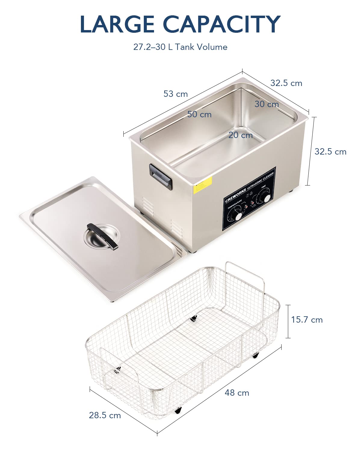 CREWORKS 30L Ultrasonic Cleaner with Heater and Timer, 600W Stainless Steel Ultrasonic Cleaner, Professional Ultrasonic Cleaner with Rotary Knobs for Laboratory Tools Car Parts More