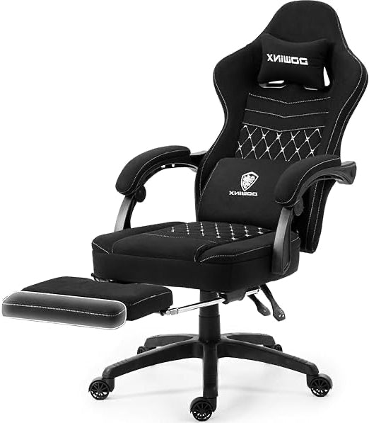 Dowinx Gaming Chair, Fabric with Extendable and Folding Footrest, Ergonomic Office Chair with Gel Cushion and Pocket Spring Cushion, Massage Gaming Chair, Adult Gaming Chair, Black - QUORE