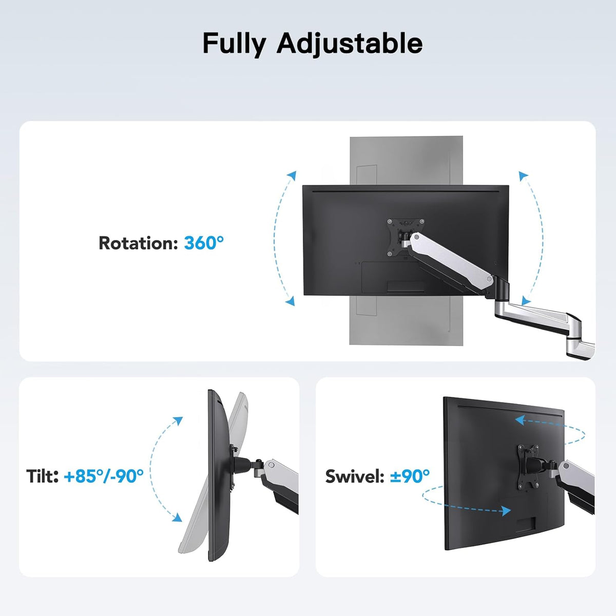 HUANUO Drievoudige Monitor Standaard voor 13-32 Inch Gebogen Flatscreens, In Hoogte Verstelbare Monitorarm met Kolom, Full Motion Gasveer Monitorsteun, Gewichtscapaciteit 8kg Per Arm