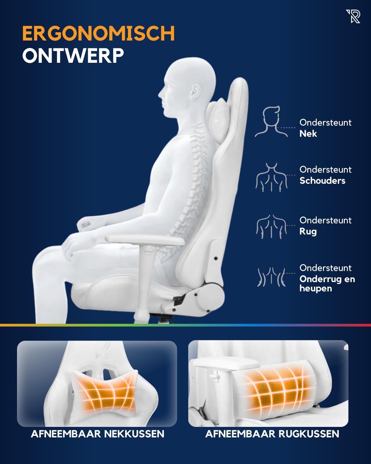 Felix gamestoel - 360° bureaustoel, Verstelbare Armleuningen, Verstelbare Rugleuning, Afneembare en verstelbare kussens, Ergonomische Gaming Chair, Stabiel Metalen onderstel, Gaming Stoel - Wit