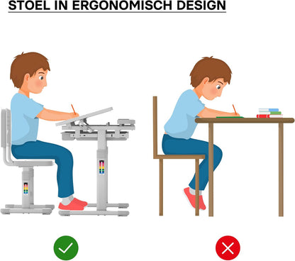 kinderbureau meegroeiend kantelbaar hoogteverstelbaar met stoel lade boekenrek