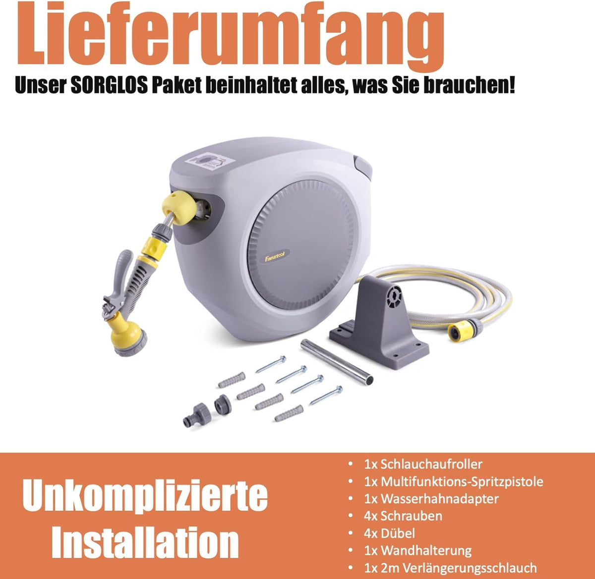 FANZTOOL 35 m + 2 m slanghaspel set met wandhouder incl. 8-functies multi-handdouche | automatisch oprollen | 180° draaibaar | tuinslang RoHS getest