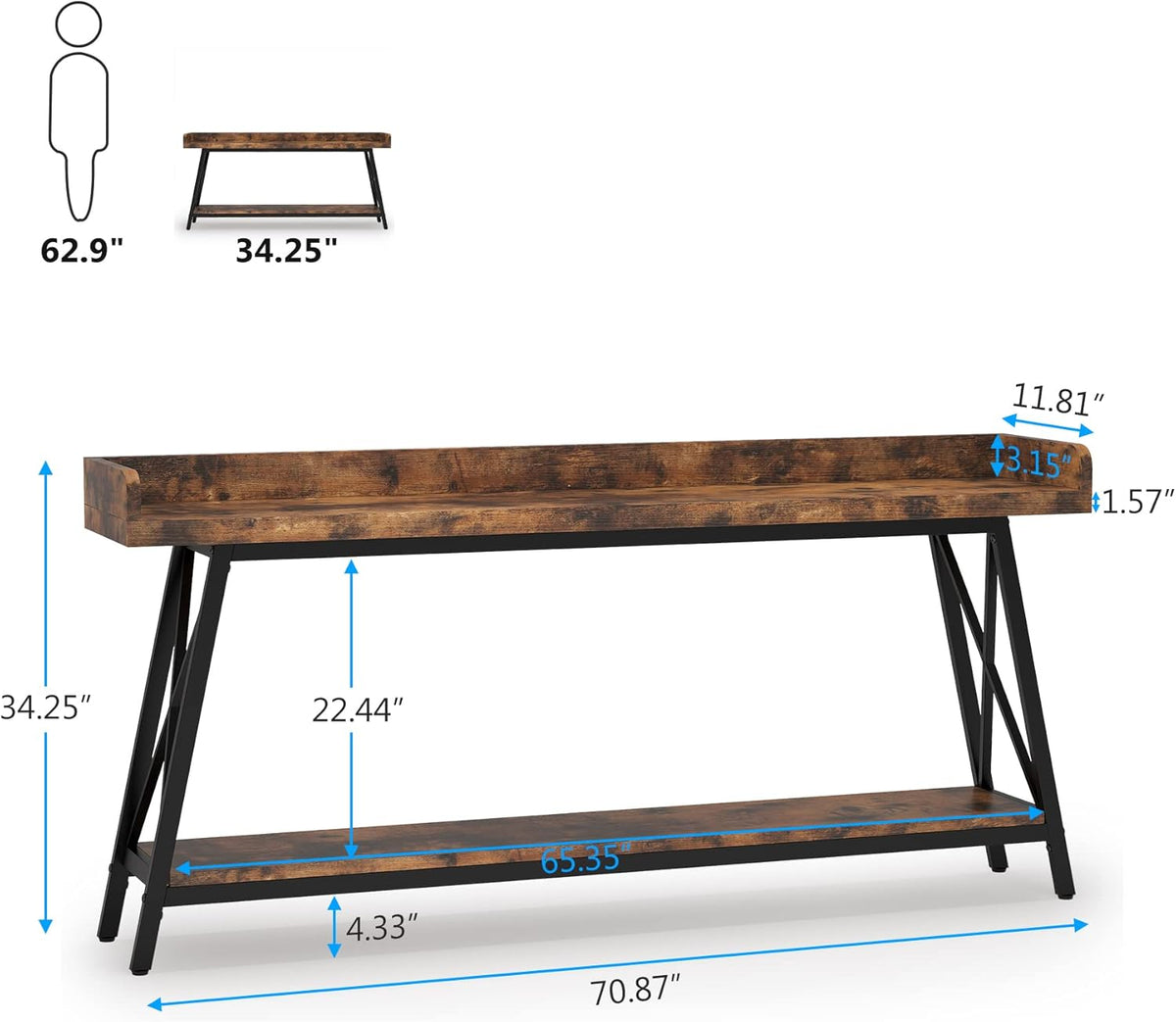 Tribesigns Console Table Rear Sofa Extra Long 180 cm Industrial Style for Living Room Narrow Entrance Long Table Brown