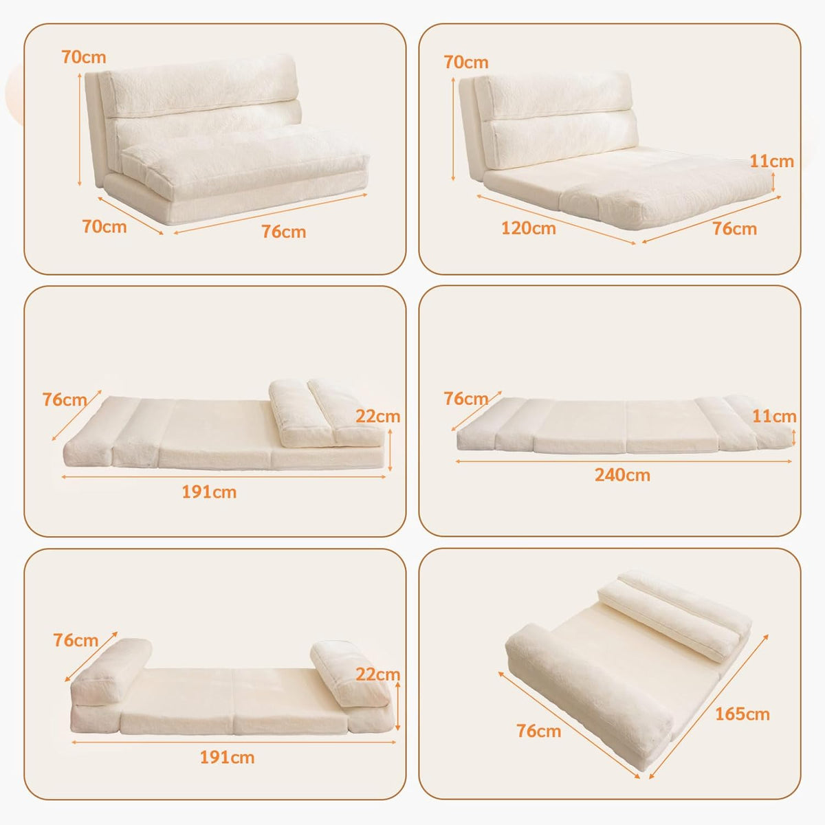 MAXYOYO Bean Bag Bed Opklapbare Slaapbank Matras voor Volwassenen, Extra Dik 6-voudig Vloerbank voor Slaapkamer Woonkamer, Beige, 75x240 cm