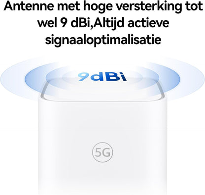 5G CPE 5s, H153, Sim van 5G-router, Wifi 6 AX3000, DL 3600 Mbps/UL 500 Mbps, Antenne met hoge versterking tot wel 9 dBi, LAN/WAN-poort, Gevisualiseerde wifidiagnose, 30 maanden garantie