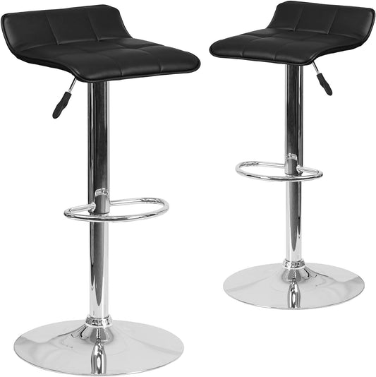 Flash Furniture Alice 2 Pack Contemporary Black Vinyl Adjustable Height Barstool with Quilted Wave Seat and Chrome Base