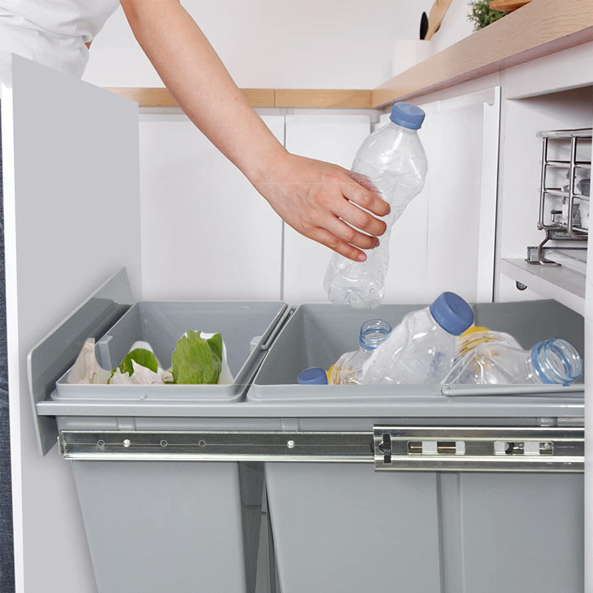 Nisorpa Trek Keuken Afvalbak 10L + 20L Recycling Keuken Kast Kast Vuilnisbakken Afvalcontainers Sluit Vuilnisbak met twee compartimenten voor Afval Sorteren 480x260x418mm Grijs