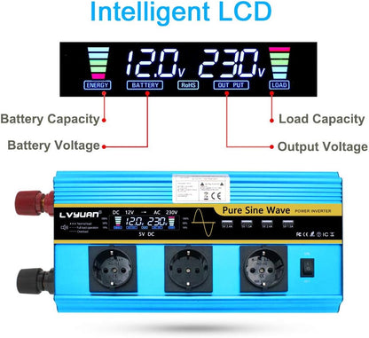 Pure Sine Wave Inverter Power Inverter 2500W / 5000W DC 12V naar AC 230V / 240V converter met LCD-display 3 EU-uitgangen & 4 USB-poortinverter voor auto Caravan RV kampeerboot