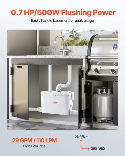 VEVOR Fognario Toilet Shredding Pump, 500 W, Flow Rate 110 LPM, 8 m Head with 4 Water Inputs, Waste Water Drain Machine for Kitchen, Basement, Shower