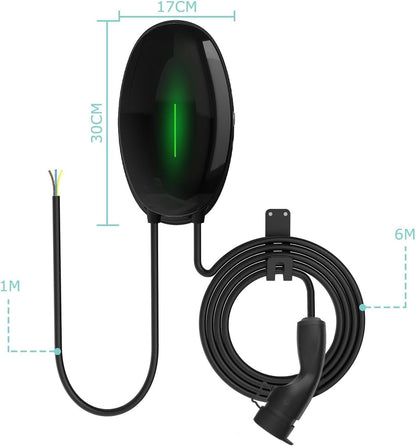 EV oplader wandhouder met 7 kW type 2, 32 A eenfasig thuislaadstation Wallbox, 6 m oplaadkabel en type 2 stekker met lichtstrip voor EV PHEV, zwart