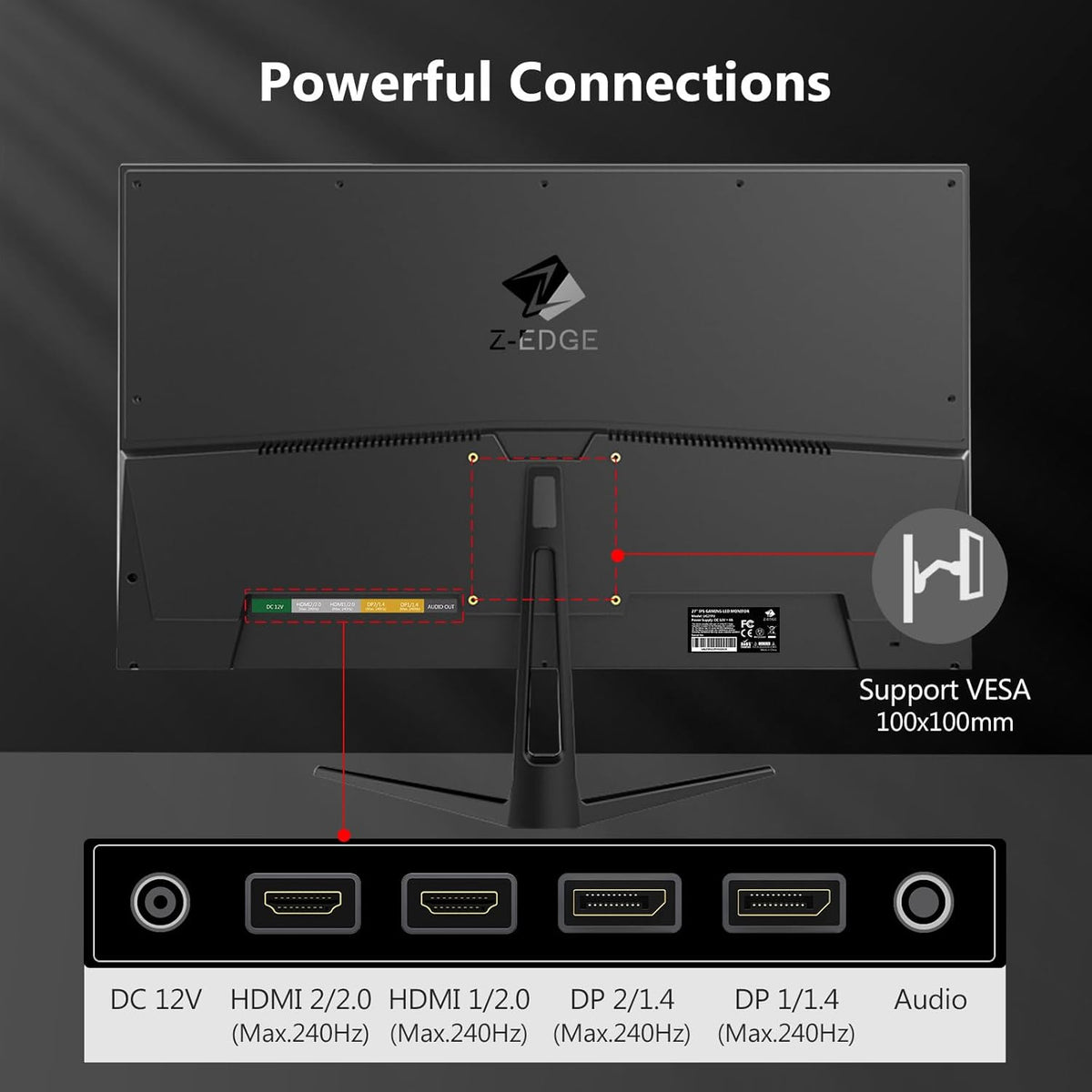 Z-Edge Gaming Monitor 27'' 240 Hz, IPS-paneel, 1ms, Scherm FHD LED (1920x1080) met HDMI-kabel, FreeSync, 400cd/m², HDMI 2.0 * 2 & DP 1.4 * 2, Verstelbare Kanteling, Ultraslank Frame, VESA-monteerbaar