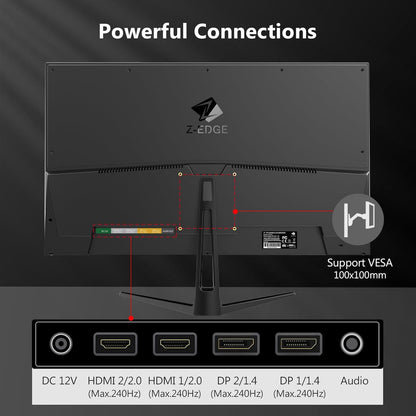 Z-Edge Gaming Monitor 27'' 240 Hz, IPS-paneel, 1ms, Scherm FHD LED (1920x1080) met HDMI-kabel, FreeSync, 400cd/m², HDMI 2.0 * 2 & DP 1.4 * 2, Verstelbare Kanteling, Ultraslank Frame, VESA-monteerbaar
