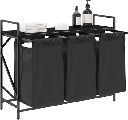 Wasmand – Laundry Basket – Wasbak – Wasbox – Laundry Hamper – 3 Compartiments – Zwart Eikenhout – Stalen Frame – Met Opbergrek