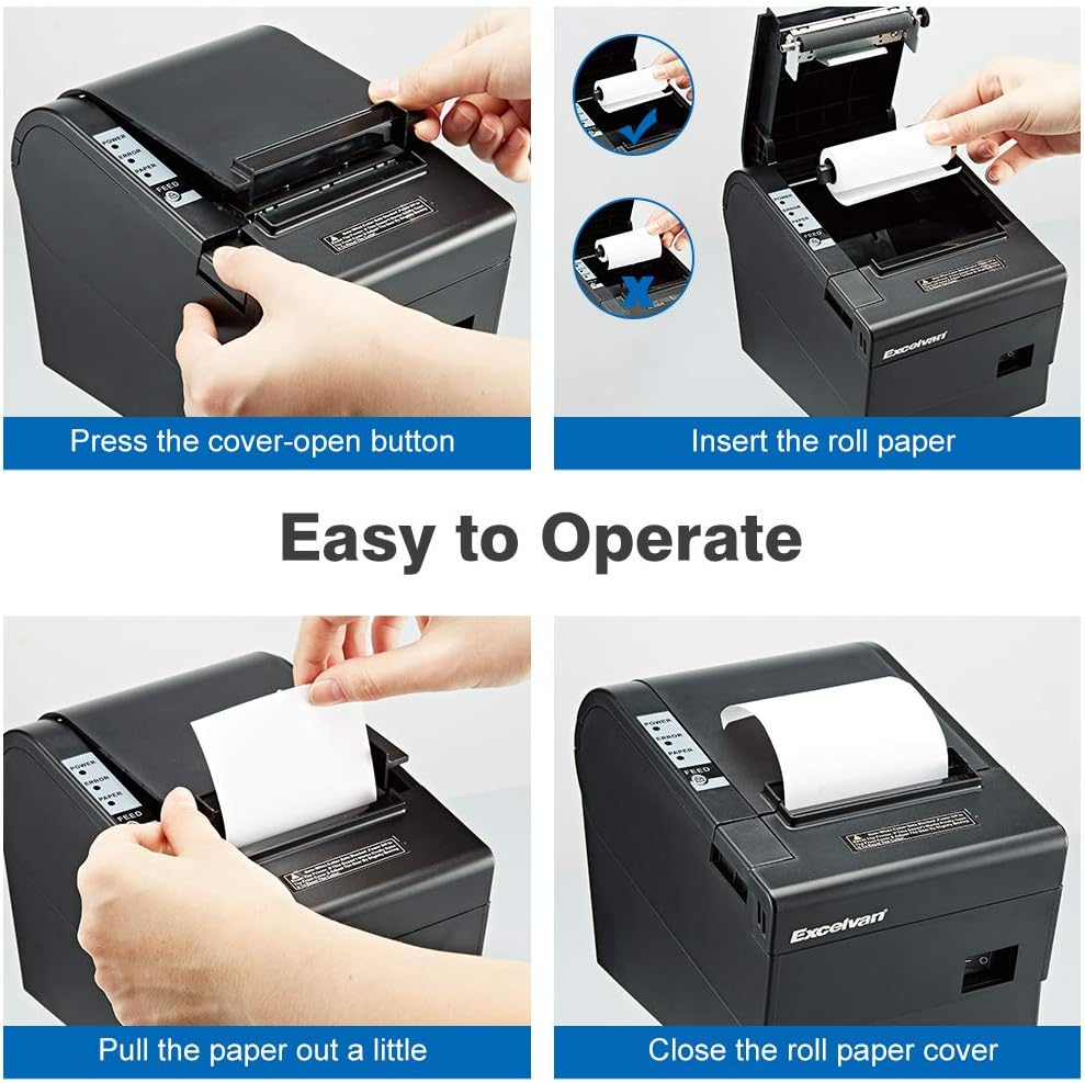 Excelvan Thermische printer, 80 mm, 300 mm/s, hoge snelheid, draagbaar, automatisch, met seriële poort, USB-poort, ladedeur, voor restaurant ESC/POS Shop