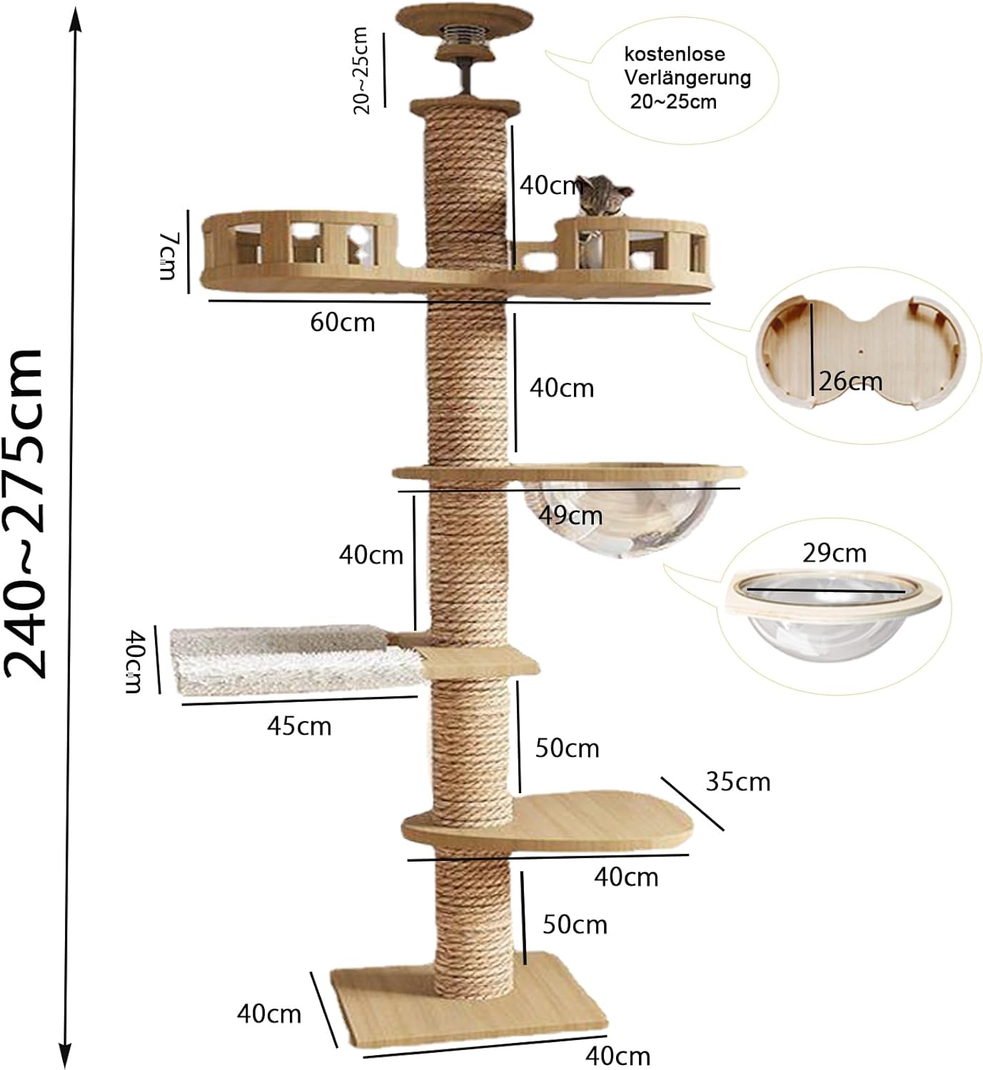 Krabpaal met plafondspanner, kamercapsule, kattenhangmat, volledig omwikkeld met sisaltouw, breedte 11 cm, krabpaal tot plafond (240 ~ 250 cm, 265-275 cm)