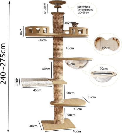 Krabpaal met plafondspanner, kamercapsule, kattenhangmat, volledig omwikkeld met sisaltouw, breedte 11 cm, krabpaal tot plafond (240 ~ 250 cm, 265-275 cm)