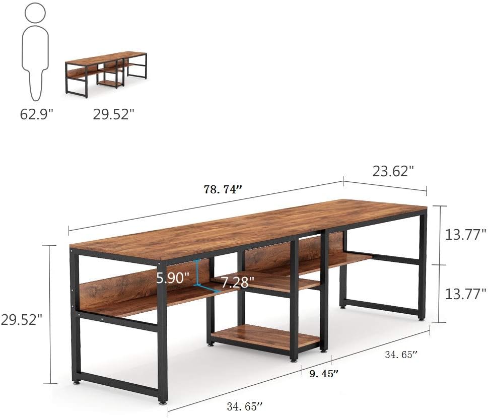 Tribesigns Double Desk with Bookshelf, 78.7 Computer Office Double Desk for Two People, Rustic Writing Desk Workstation with Shelf for Home Office (Brown)