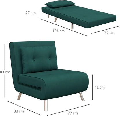 HOMCOM Slaapstoel, klapstoel met bedfunctie, enkele bank met kussen, logeerbed, gestoffeerde bank met fluwelen look, voor woonkamer, slaapkamer, donkergroen, 77 x 88 x 83 cm
