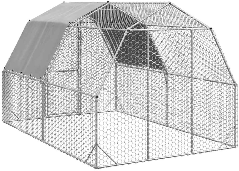 Chicken Coop with Roof, 2.5 x 4 x 2.25 m, Galvanised Steel, Small Animal Hutch, Cage, Chicken Coop, Outdoor Enclosure - QUORE