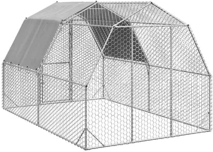 Chicken Coop with Roof, 2.5 x 4 x 2.25 m, Galvanised Steel, Small Animal Hutch, Cage, Chicken Coop, Outdoor Enclosure - QUORE