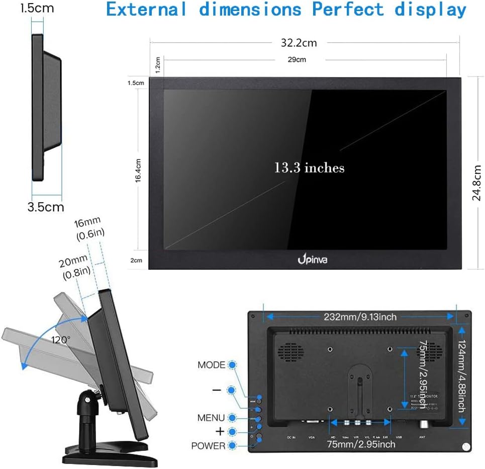 13,3 inch CCTV-monitor, IPS-scherm, videobeveiliging, Full HD, 1920 x 1080, bewakingsmonitor, bewakingscamera, AV/HDMI/BNC/VGA/USB/pc, multifunctionele ingang omschakeling