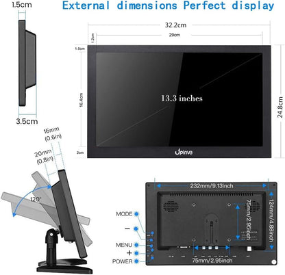 13,3 inch CCTV-monitor, IPS-scherm, videobeveiliging, Full HD, 1920 x 1080, bewakingsmonitor, bewakingscamera, AV/HDMI/BNC/VGA/USB/pc, multifunctionele ingang omschakeling