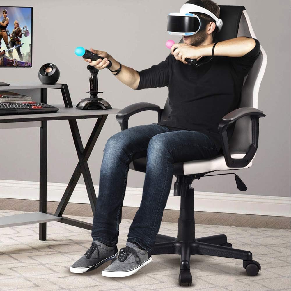 BAKAJI Ergonomische managersstoel, gamingstoel, racingstoel, kunstleer, inrichting voor kantoor, thuis, kinderkamer, vergaderruimte, in hoogte verstelbaar, draaibaar en draaibaar (grijs)
