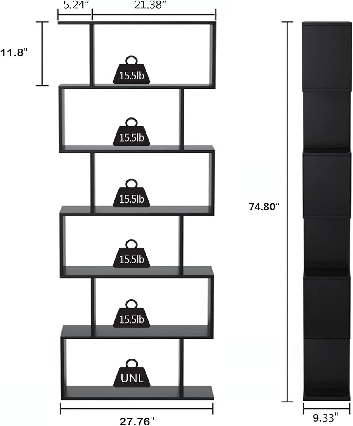 Yusong Boekenplank 6-laags geometrische boekenkast S-vormige boekenplanken voor slaapkamer, moderne houten decoratieve displayplank hoge boekenkast voor thuiskantoor, zwart