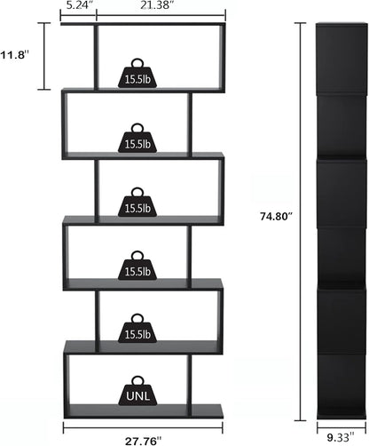 Yusong Boekenplank 6-laags geometrische boekenkast S-vormige boekenplanken voor slaapkamer, moderne houten decoratieve displayplank hoge boekenkast voor thuiskantoor, zwart