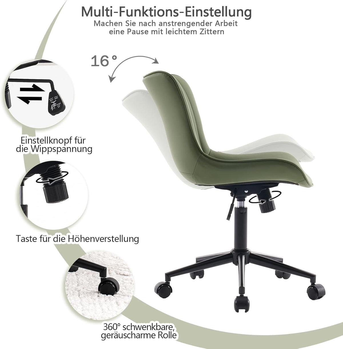 YOUTASTE Bureaustoel, ergonomisch, in hoogte verstelbaar, stoel met PU-leer en wielen, draaistoel, kantelfunctie, computerstoel, 136 kg belastbaar, olijfgroen