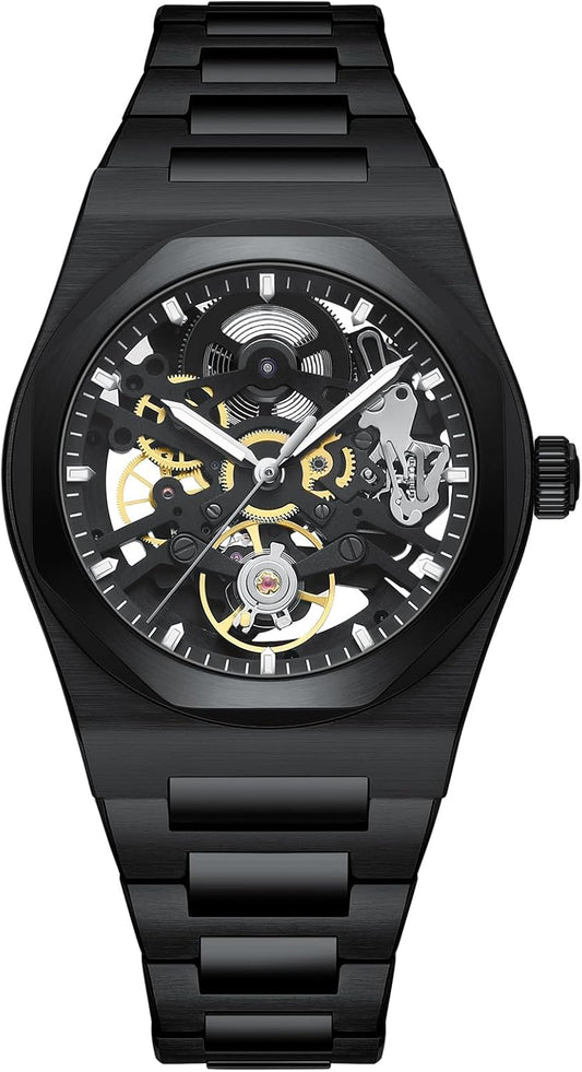Automatisch herenhorloge, skelet, automatisch uurwerk, precisie (38,5 mm), van 316L staal, waterdicht 10 ATM, krasbestendig saffierglas