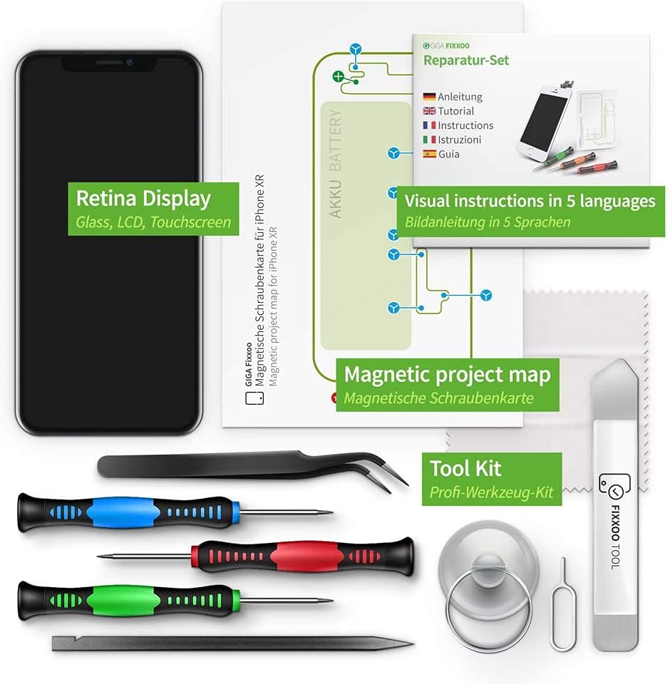 GIGA Fixxoo Display set compatibel met iPhone XR, reparatieset compleet zwart, reservebeeldscherm, Retina LCD glas met touchscreen, incl. geïntegreerde frontcamera & gereedschap